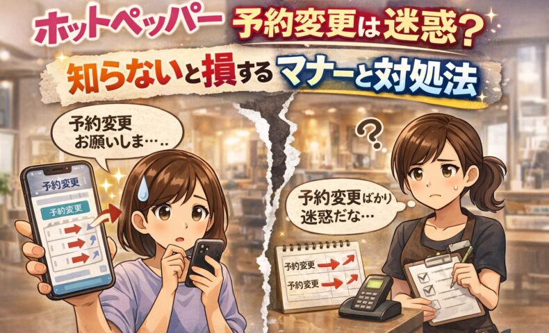 ホットペッパーの予約変更が迷惑かどうかをテーマにした、スマホで予約変更する女性と困るサロンスタッフのアイキャッチ画像