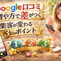 Google口コミの増やし方で集客が変わる3つのポイントを解説するアイキャッチ画像。スマホで口コミ評価を確認する女性と星評価・数字アイコンが配置されたデザイン