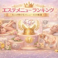 エステメニューランキングをテーマに、売上が伸びる人気施術を表現したアイキャッチ画像。マッサージやフェイシャル、痩身などの施術シーンと、1位〜3位のランキング演出、ゴールドの装飾が華やかに配置されている。