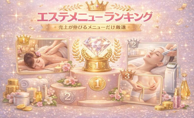エステメニューランキングをテーマに、売上が伸びる人気施術を表現したアイキャッチ画像。マッサージやフェイシャル、痩身などの施術シーンと、1位〜3位のランキング演出、ゴールドの装飾が華やかに配置されている。