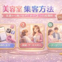 美容室の集客に悩む状況から改善する方法を示したアイキャッチ画像。SNS活用、サービス改善、ターゲット戦略の3つの施策がイラスト付きで表現され、売上回復や集客アップをイメージできるデザイン。