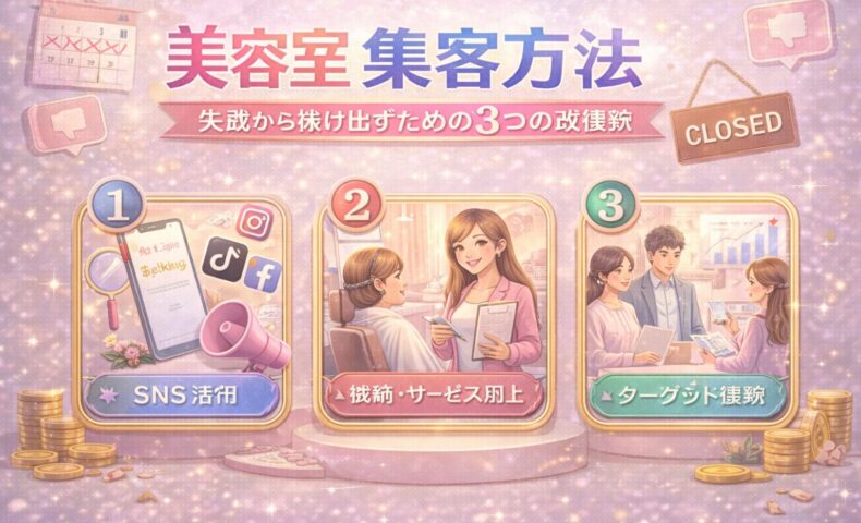 美容室の集客に悩む状況から改善する方法を示したアイキャッチ画像。SNS活用、サービス改善、ターゲット戦略の3つの施策がイラスト付きで表現され、売上回復や集客アップをイメージできるデザイン。