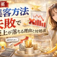 美容室の集客方法の失敗で売上が落ちる原因と対処法を解説するアイキャッチ画像。売上が下がるグラフと悩む美容師、改善を示すアイコンが配置されたデザイン