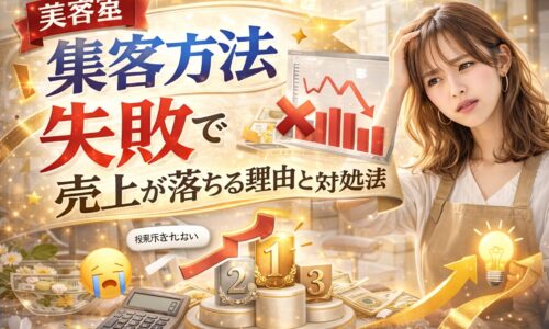 美容室の集客方法の失敗で売上が落ちる原因と対処法を解説するアイキャッチ画像。売上が下がるグラフと悩む美容師、改善を示すアイコンが配置されたデザイン