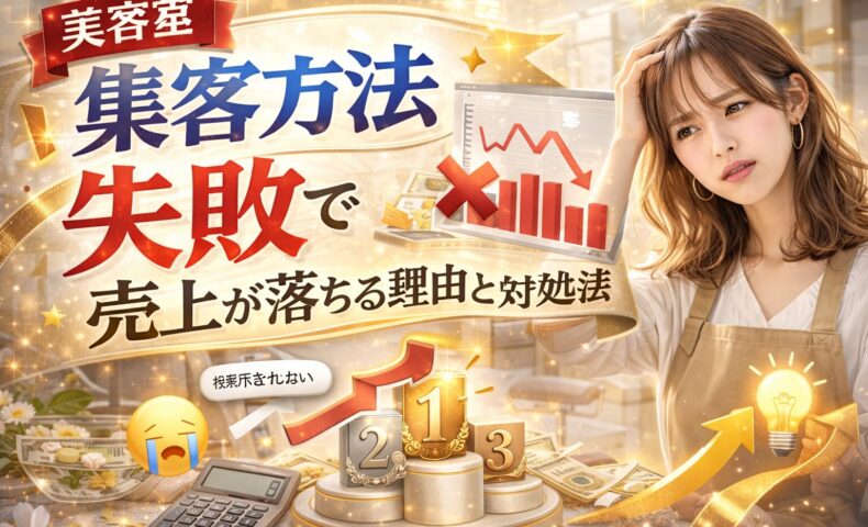 美容室の集客方法の失敗で売上が落ちる原因と対処法を解説するアイキャッチ画像。売上が下がるグラフと悩む美容師、改善を示すアイコンが配置されたデザイン