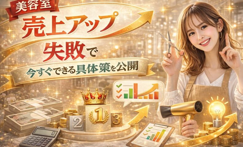 美容室の売上アップ方法を解説するアイキャッチ画像。上昇グラフやお金、笑顔の美容師が配置され、具体的な施策を示すデザイン