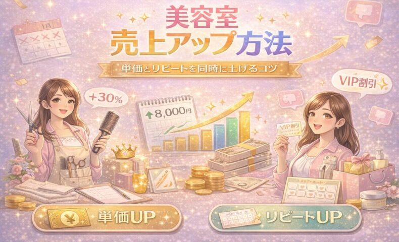 美容室の売上アップ方法をテーマに、単価向上とリピート率改善を表現したアイキャッチ画像。美容師や顧客、売上グラフやコイン、VIPカードなどが配置され、収益増加の仕組みを視覚的に伝えている。