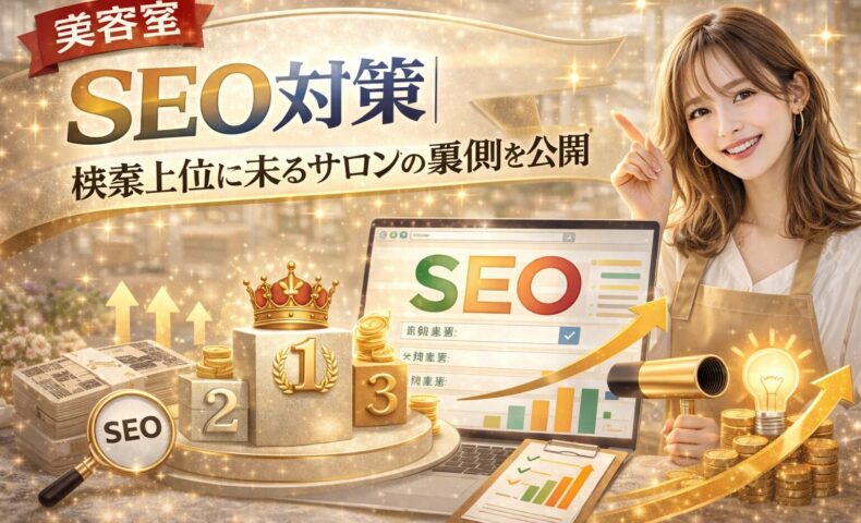 美容室のSEO対策で検索上位を狙う方法を解説するアイキャッチ画像。SEO文字や上昇グラフ、パソコン画面、笑顔の美容師が配置されたデザイン