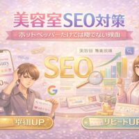 美容室のSEO対策をテーマに、ホットペッパービューティー依存の課題とSEOによる集客改善を対比したアイキャッチ画像。検索画面やグラフ、困っている男性と成功を示す女性が描かれている。