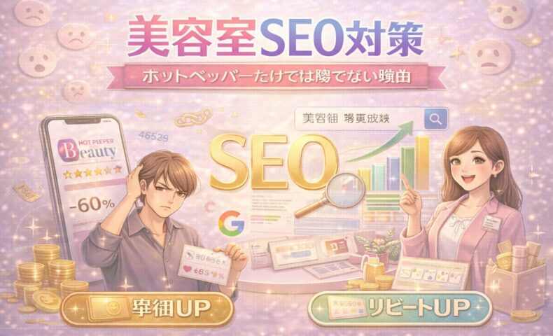 美容室のSEO対策をテーマに、ホットペッパービューティー依存の課題とSEOによる集客改善を対比したアイキャッチ画像。検索画面やグラフ、困っている男性と成功を示す女性が描かれている。