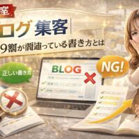 美容室ブログの集客で間違った書き方と正しい書き方を比較するアイキャッチ画像。パソコンのブログ画面とNGマーク、チェックリスト、悩む女性が配置されたデザイン