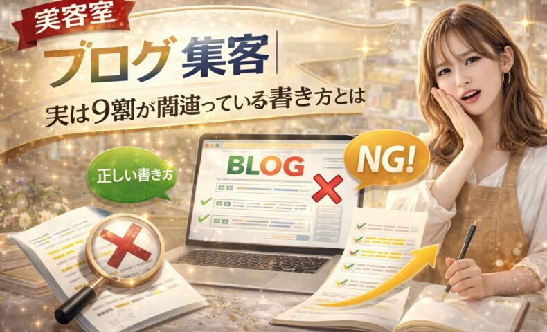 美容室ブログの集客で間違った書き方と正しい書き方を比較するアイキャッチ画像。パソコンのブログ画面とNGマーク、チェックリスト、悩む女性が配置されたデザイン