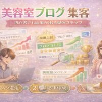美容室のブログ集客をテーマに、初心者でも成果を出せるステップを表現したアイキャッチ画像。パソコンで記事を書く男性と、成果を指導する女性、検索順位やグラフの上昇が描かれている。