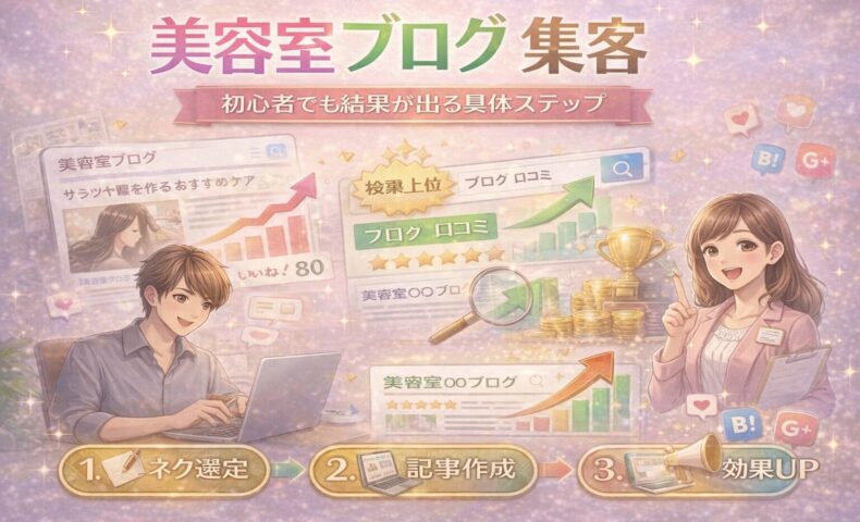 美容室のブログ集客をテーマに、初心者でも成果を出せるステップを表現したアイキャッチ画像。パソコンで記事を書く男性と、成果を指導する女性、検索順位やグラフの上昇が描かれている。