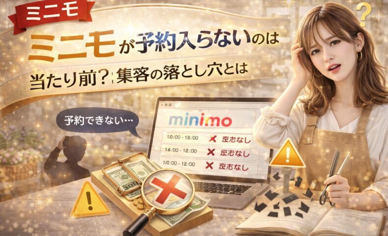 ミニモで予約が入らない原因と集客の落とし穴を解説するアイキャッチ画像。予約不可の画面、バツ印、悩む美容師、注意マークが配置されたデザイン