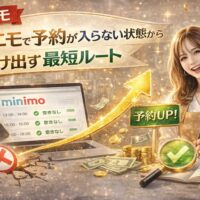 ミニモで予約が入らない状態から抜け出す方法を解説するアイキャッチ画像。予約ゼロ状態から上昇する矢印と笑顔の美容師、予約アップの表示があるデザイン