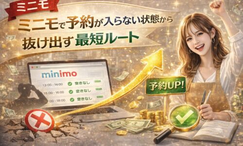 ミニモで予約が入らない状態から抜け出す方法を解説するアイキャッチ画像。予約ゼロ状態から上昇する矢印と笑顔の美容師、予約アップの表示があるデザイン