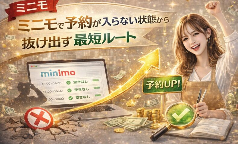 ミニモで予約が入らない状態から抜け出す方法を解説するアイキャッチ画像。予約ゼロ状態から上昇する矢印と笑顔の美容師、予約アップの表示があるデザイン