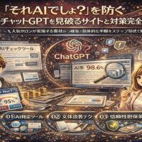 AI生成コンテンツを見破る方法をテーマにしたアイキャッチ画像。ChatGPTの画面やAI判定ツール、分析データ、男女のキャラクターが描かれ、AI検出と対策の流れを視覚的に表現している。
