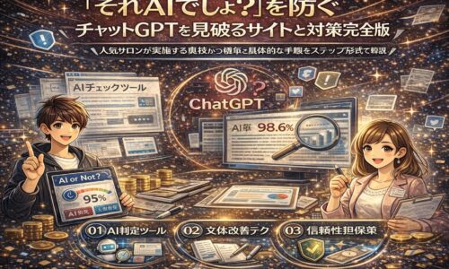 AI生成コンテンツを見破る方法をテーマにしたアイキャッチ画像。ChatGPTの画面やAI判定ツール、分析データ、男女のキャラクターが描かれ、AI検出と対策の流れを視覚的に表現している。