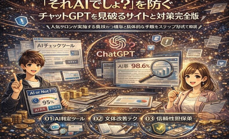 AI生成コンテンツを見破る方法をテーマにしたアイキャッチ画像。ChatGPTの画面やAI判定ツール、分析データ、男女のキャラクターが描かれ、AI検出と対策の流れを視覚的に表現している。