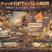 チャットGPTがバレる仕組みと回避方法をテーマにしたアイキャッチ画像。AI判定ツールの画面やAI検出率、警告マーク、男女キャラクターが描かれ、検出と対策の両面を視覚的に表現している。
