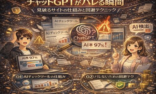チャットGPTがバレる仕組みと回避方法をテーマにしたアイキャッチ画像。AI判定ツールの画面やAI検出率、警告マーク、男女キャラクターが描かれ、検出と対策の両面を視覚的に表現している。