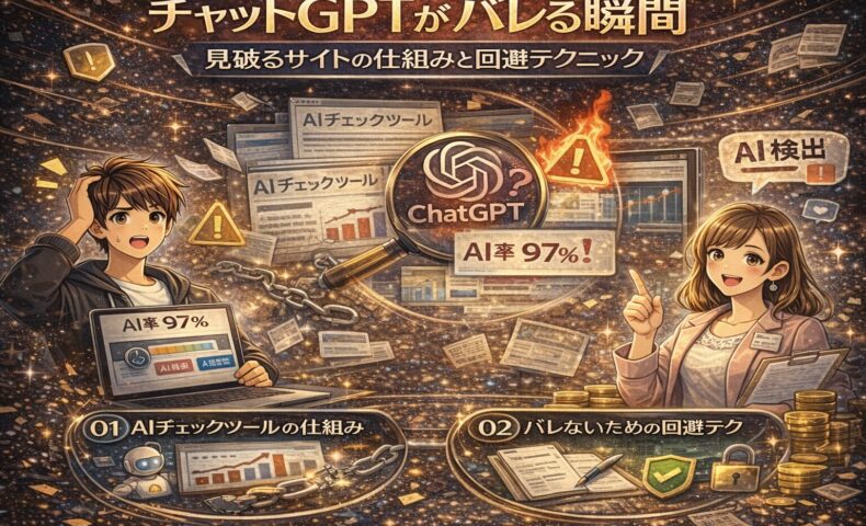 チャットGPTがバレる仕組みと回避方法をテーマにしたアイキャッチ画像。AI判定ツールの画面やAI検出率、警告マーク、男女キャラクターが描かれ、検出と対策の両面を視覚的に表現している。