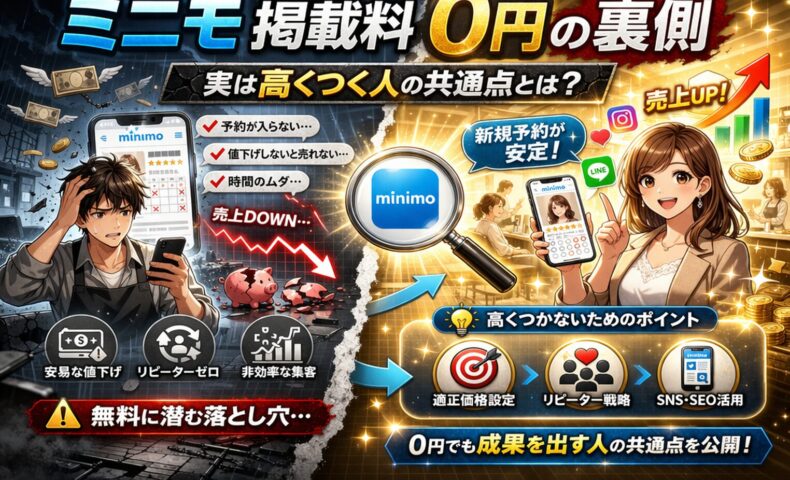 ミニモ掲載料0円の裏側をテーマに、無料に見える集客の落とし穴と実際のコスト増加を表現したアイキャッチ画像。スマホのミニモ画面、割引表示、売上低下のグラフ、困っている美容師の様子が描かれている。