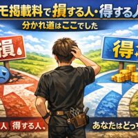ミニモ掲載料で損する人と得する人の違いを表現したアイキャッチ画像。分かれ道で悩む美容師と「損」「得」の看板、コインのイラストが配置されたデザイン