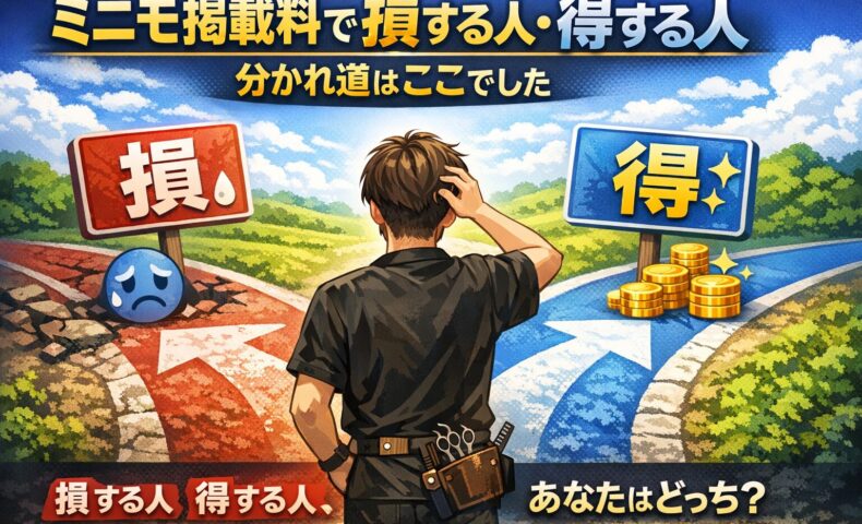 ミニモ掲載料で損する人と得する人の違いを表現したアイキャッチ画像。分かれ道で悩む美容師と「損」「得」の看板、コインのイラストが配置されたデザイン