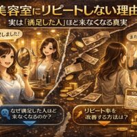 美容室にリピートしない理由をテーマに、満足した顧客が離れていく様子とリピート改善のヒントを表現したアイキャッチ画像。施術後に満足している女性と、その後来店しなくなる対比が描かれている。