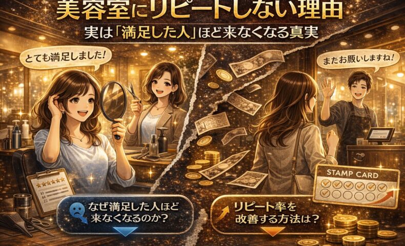 美容室にリピートしない理由をテーマに、満足した顧客が離れていく様子とリピート改善のヒントを表現したアイキャッチ画像。施術後に満足している女性と、その後来店しなくなる対比が描かれている。
