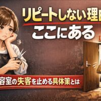 美容室でリピートしない理由と失客を防ぐ方法を解説するアイキャッチ画像。悩む美容師と退出する顧客、EXITドアが描かれたデザイン