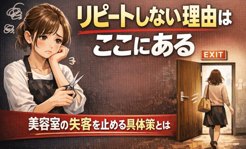 美容室でリピートしない理由と失客を防ぐ方法を解説するアイキャッチ画像。悩む美容師と退出する顧客、EXITドアが描かれたデザイン