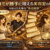 口コミが自然に増える美容室の仕組みを表現したアイキャッチ画像。満足した顧客が口コミを書く様子や星評価、スマホ画面、口コミが増えていくビジュアルが描かれている。