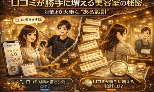 口コミが自然に増える美容室の仕組みを表現したアイキャッチ画像。満足した顧客が口コミを書く様子や星評価、スマホ画面、口コミが増えていくビジュアルが描かれている。