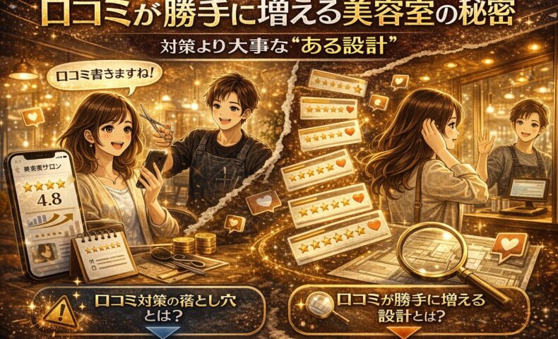 口コミが自然に増える美容室の仕組みを表現したアイキャッチ画像。満足した顧客が口コミを書く様子や星評価、スマホ画面、口コミが増えていくビジュアルが描かれている。