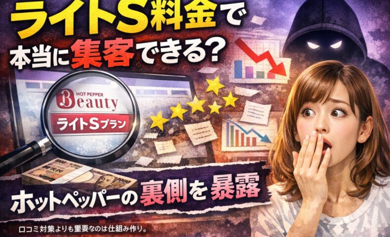 ホットペッパービューティーのライトS料金の実態をテーマに、集客の不安や裏側を表現したアイキャッチ画像。検索画面や評価、売上低下のグラフ、驚く女性と不安を示すシルエットが描かれている。