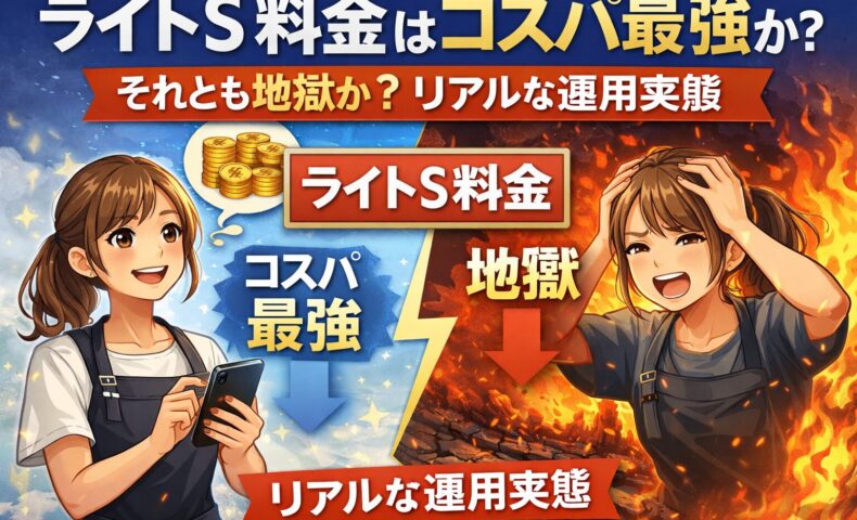 ライトS料金のコスパ最強か地獄かを比較したアイキャッチ画像。成功している美容師と苦しむ美容師、コインと炎の対比が描かれたデザイン