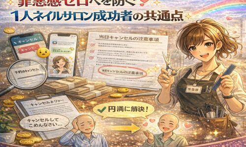 美容院の当日キャンセルを円満に行う方法を、丁寧に連絡する顧客と笑顔で対応する美容師の対比で描いたアニメ風アイキャッチ画像