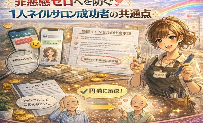 美容院の当日キャンセルを円満に行う方法を、丁寧に連絡する顧客と笑顔で対応する美容師の対比で描いたアニメ風アイキャッチ画像