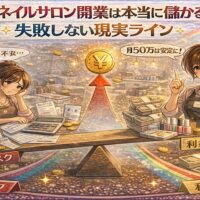 1人ネイルサロン開業の収益性とリスクを、赤字に悩むネイリストと利益を伸ばすネイリストの対比で描いたアニメ風アイキャッチ画像