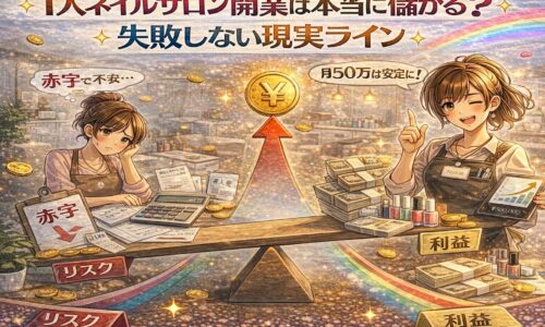 1人ネイルサロン開業の収益性とリスクを、赤字に悩むネイリストと利益を伸ばすネイリストの対比で描いたアニメ風アイキャッチ画像