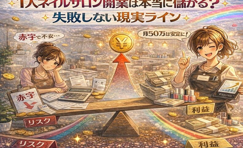 1人ネイルサロン開業の収益性とリスクを、赤字に悩むネイリストと利益を伸ばすネイリストの対比で描いたアニメ風アイキャッチ画像