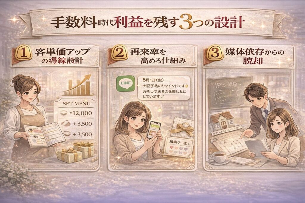 手数料時代に利益を残す3つの設計を解説した横型インフォグラフィック画像。客単価アップの導線設計、再来率向上の仕組み、媒体依存からの脱却を視覚的に表現している。