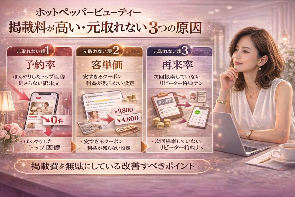 ホットペッパービューティー掲載料が高い・元取れない原因を「予約率・客単価・再来率」の3指標で解説する横型マーケティング画像