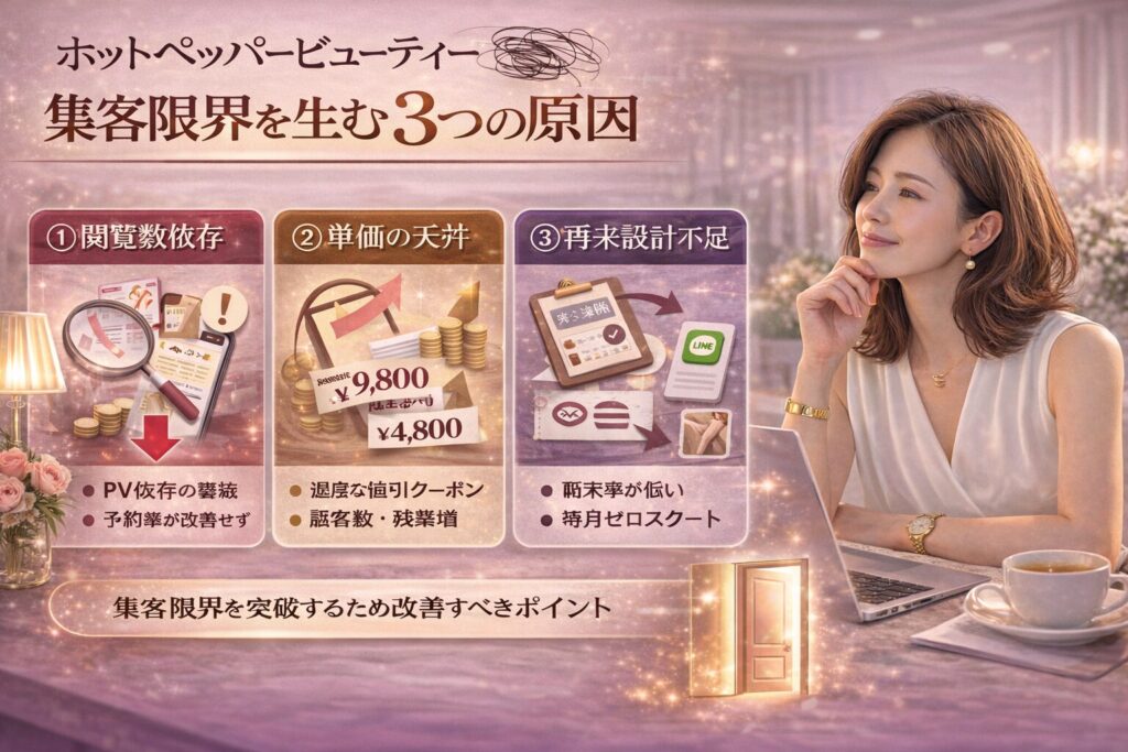 ホットペッパービューティー集客限界の原因を「閲覧数依存・単価の天井・再来設計不足」の3点で解説する横型マーケティング画像