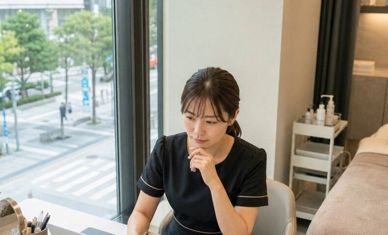 エステの予約を安定して確保する方法を考えるエステサロンスタッフ