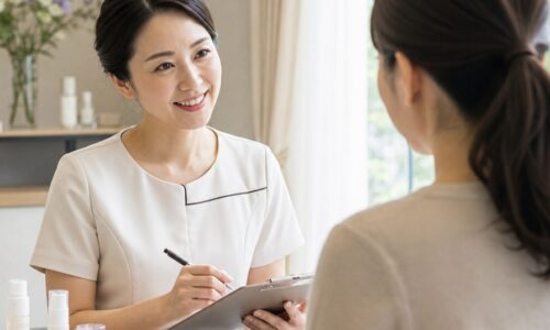 エステでファンの作り方を実践する笑顔のエステティシャンと、お客様への丁寧な接客
